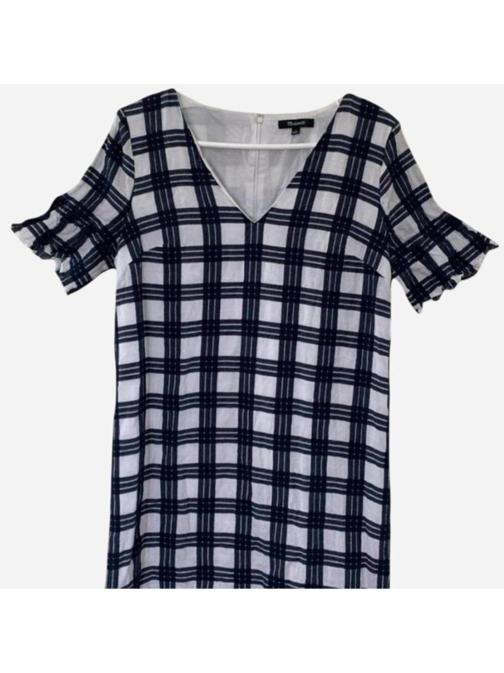 Madewell white and navy plaid mini dress with ruffle sleeves